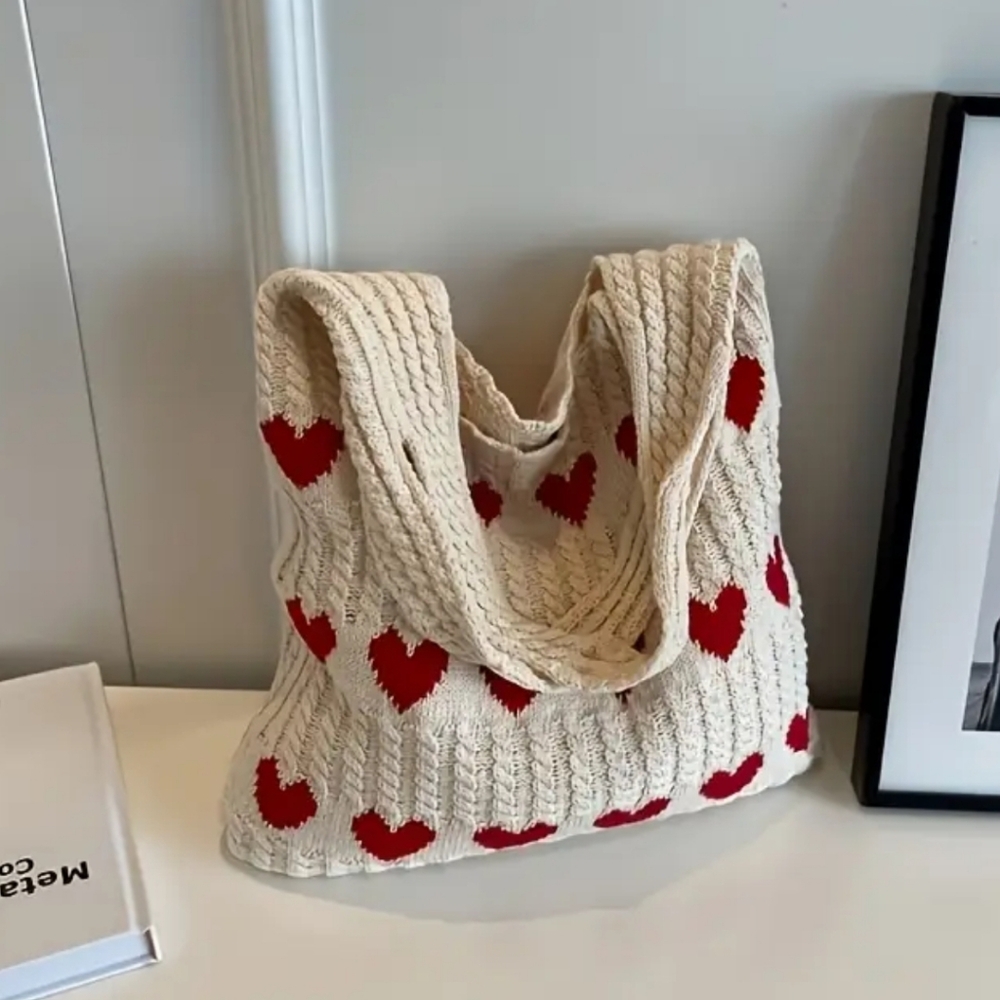 Handmade Chic Heart Patterned Knit Tote Bag - Cream and Red